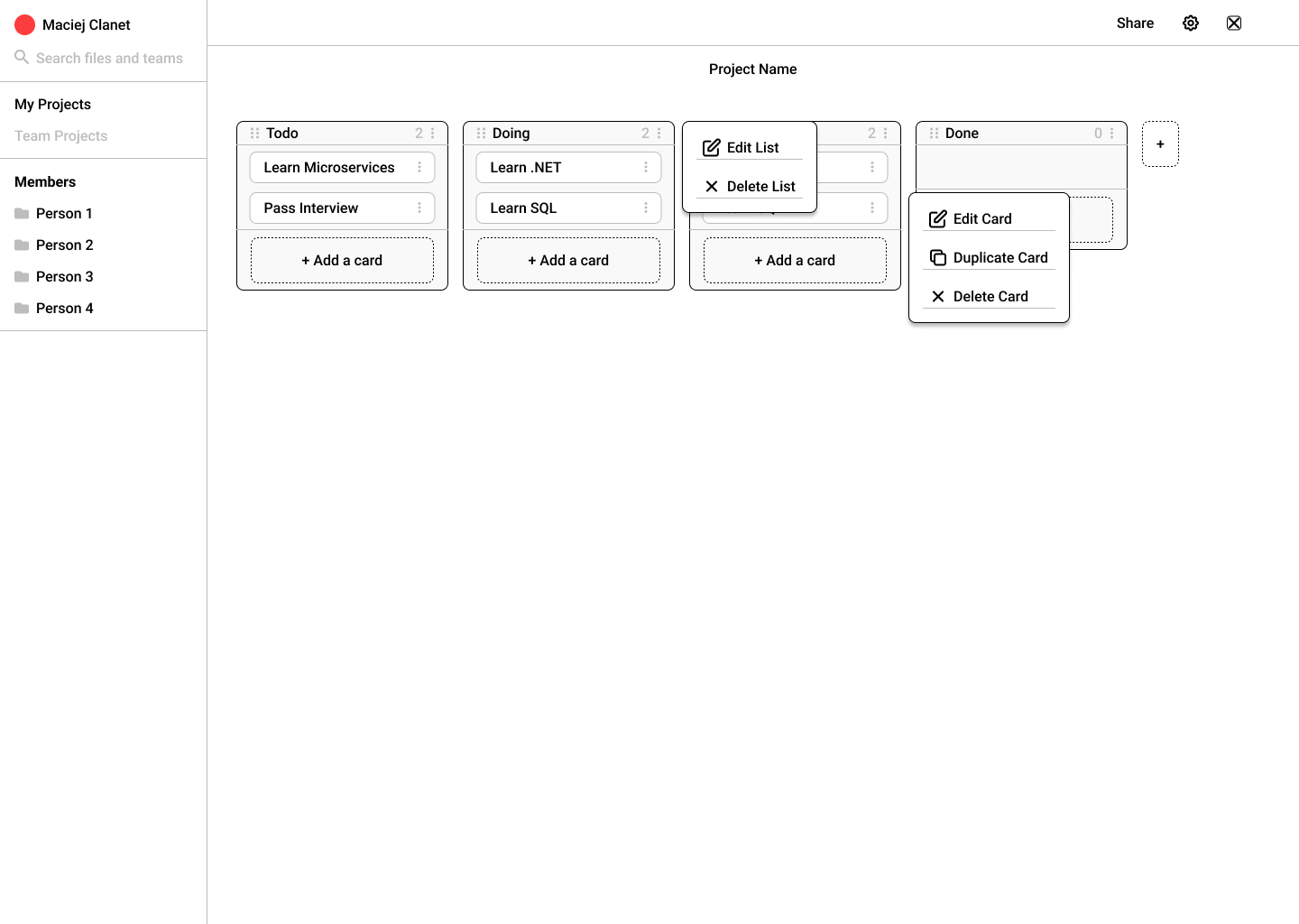 Kanban board page of the app